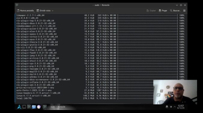 Captura de pantalla del sistema Artixlinux instalando paquetes del sistema.